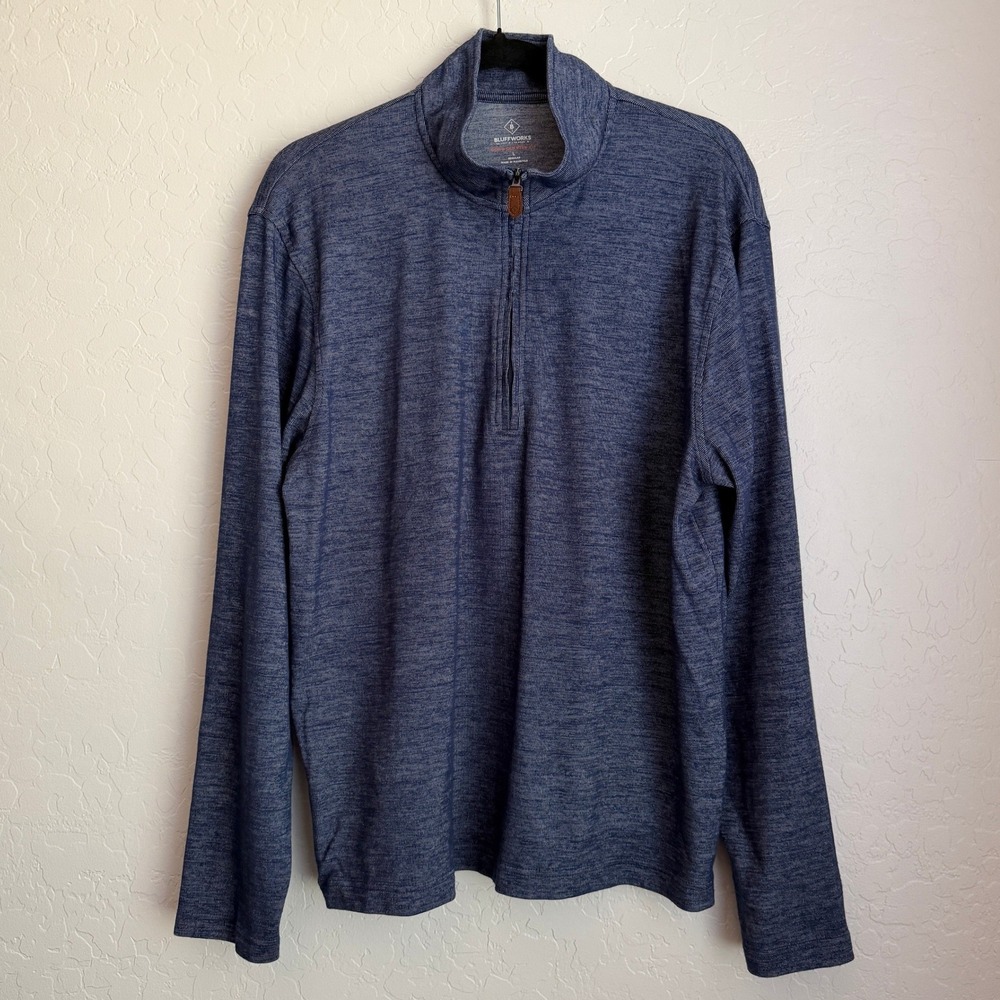 Bluffworks Men's Como Quarter Zip Long Sleeve Wool Blend Top Blue Large